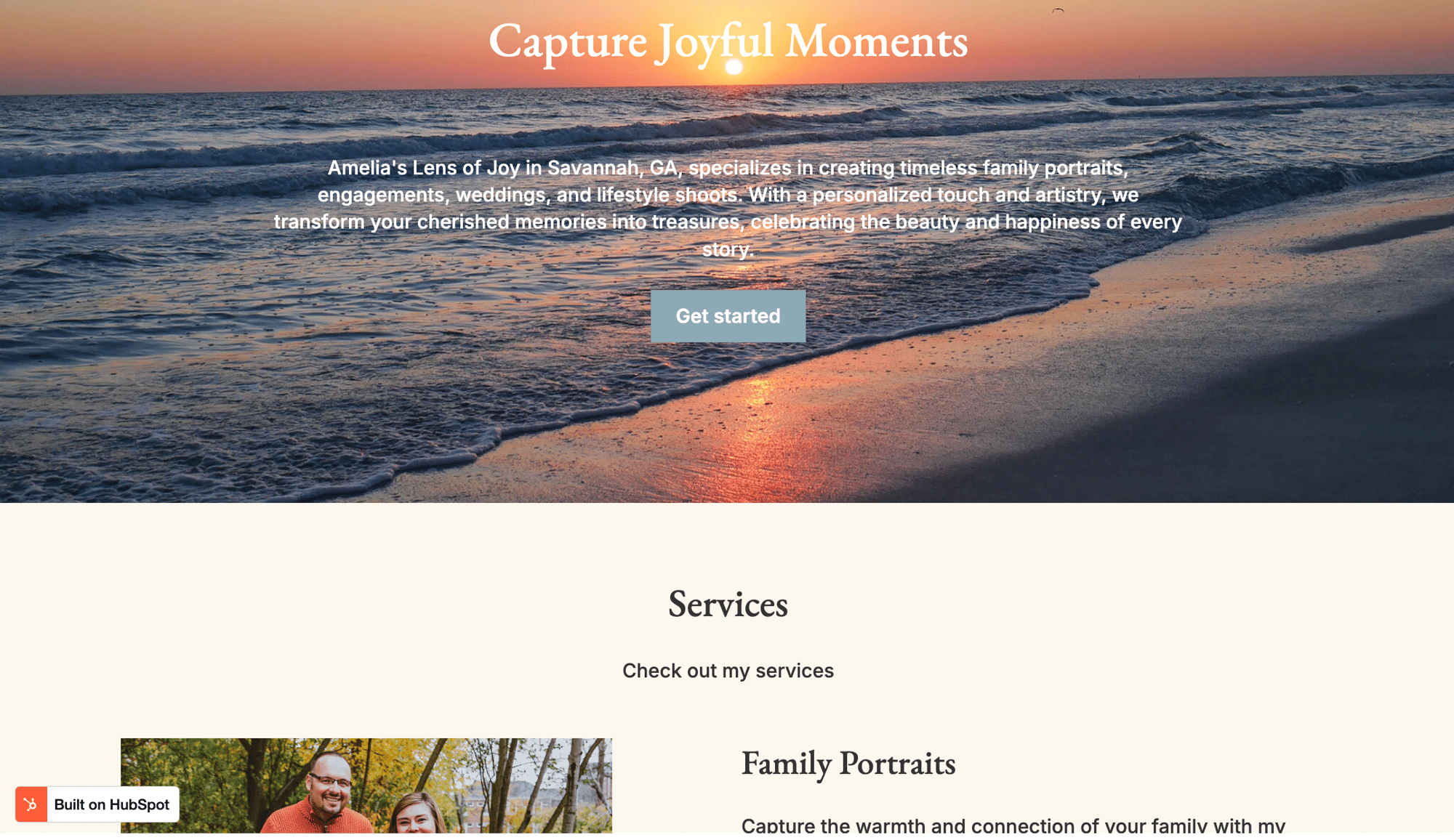 Screen capture of Amelia's Lens of Joy photography website homepage