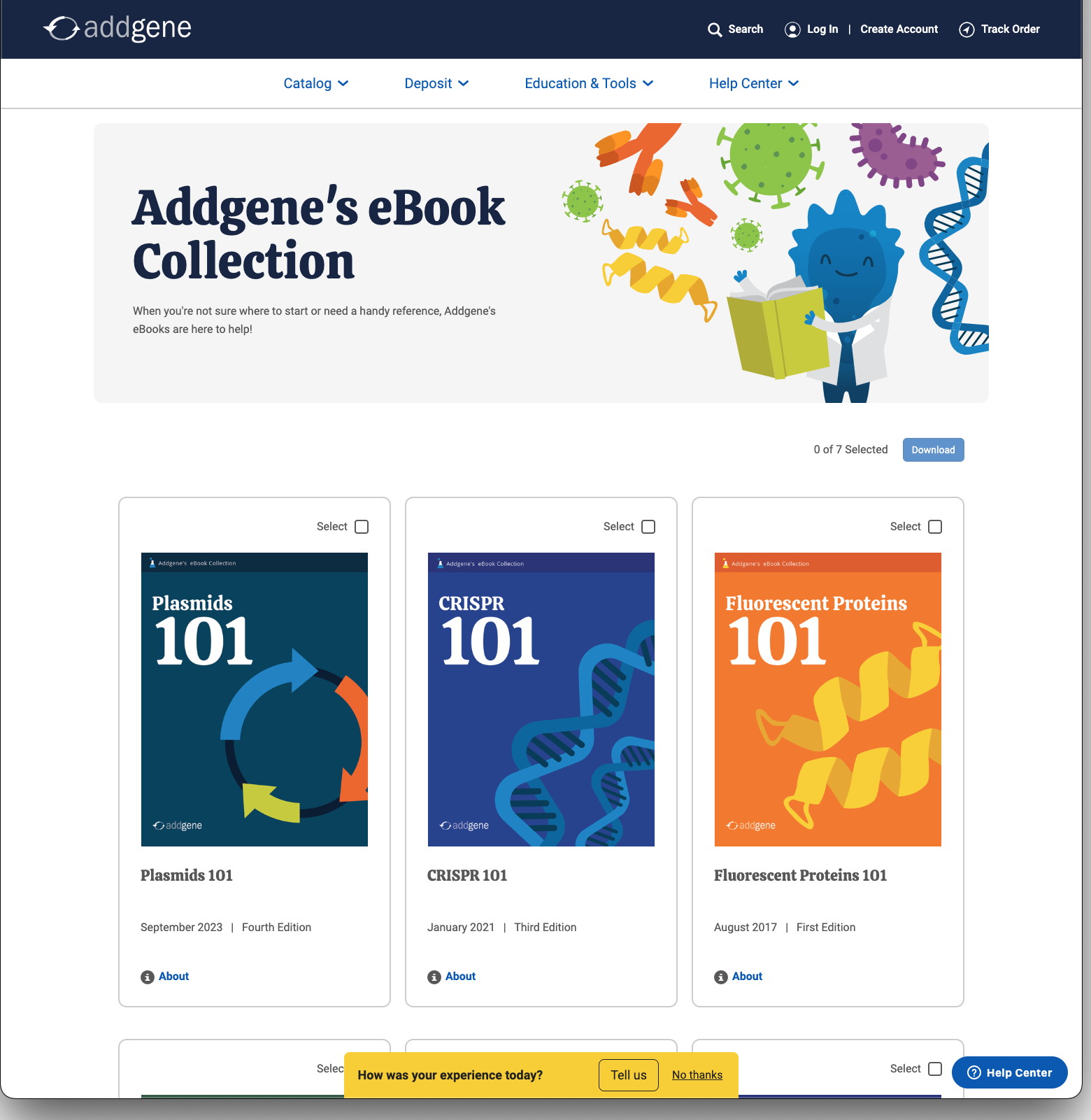 Screen capture of Addgene's eBook website page with option to download